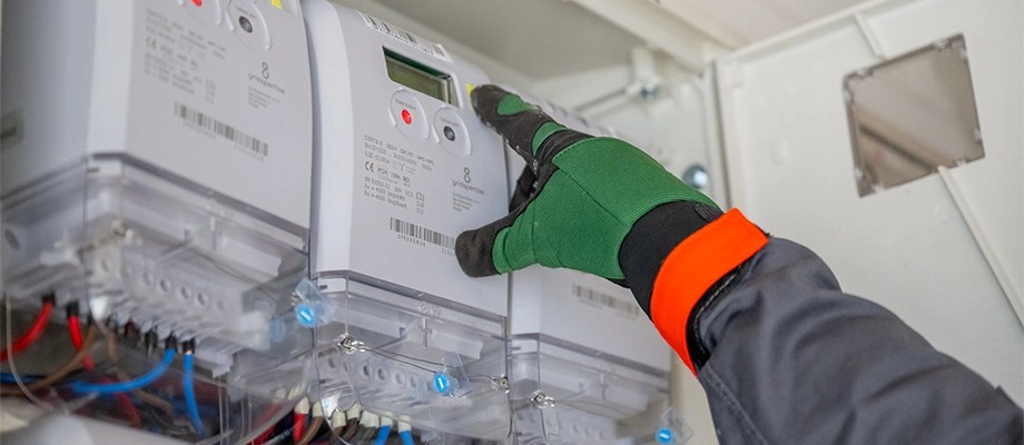 Tehnician verificând sau instalând un contor inteligent de energie electrică.