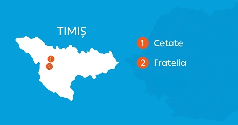 Harta judetului Timis cu localitatile Cetate si Fratelia marcate, parte din reteaua de distributie a energiei electrice pe reteleelectrice.ro