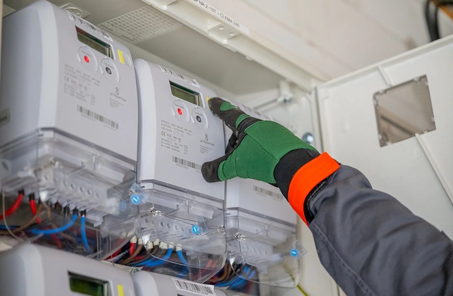 Tehnician verificând sau instalând un contor inteligent de energie electrică.