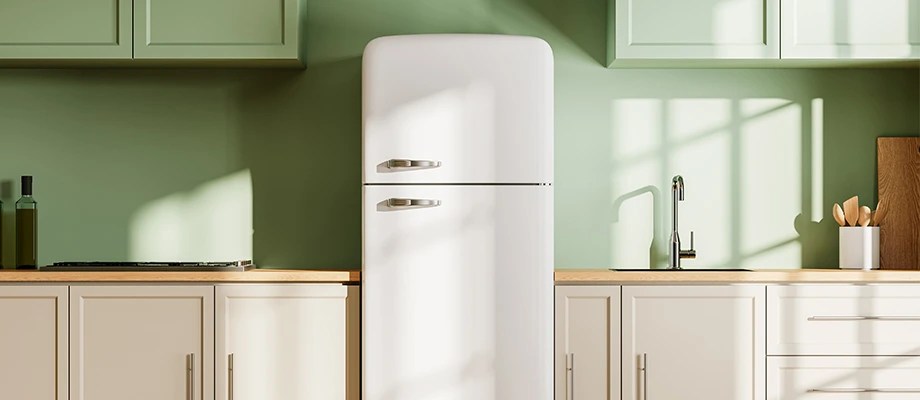 Frigider alb intr-o bucatarie moderna, cu un design simplu si lumina naturala care patrunde prin feronerie