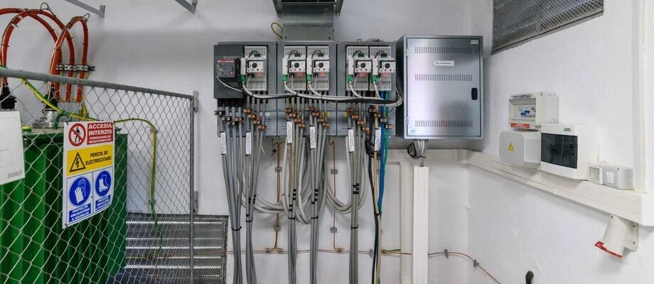 Echipamente de control și cabluri într-o încăpere tehnică.