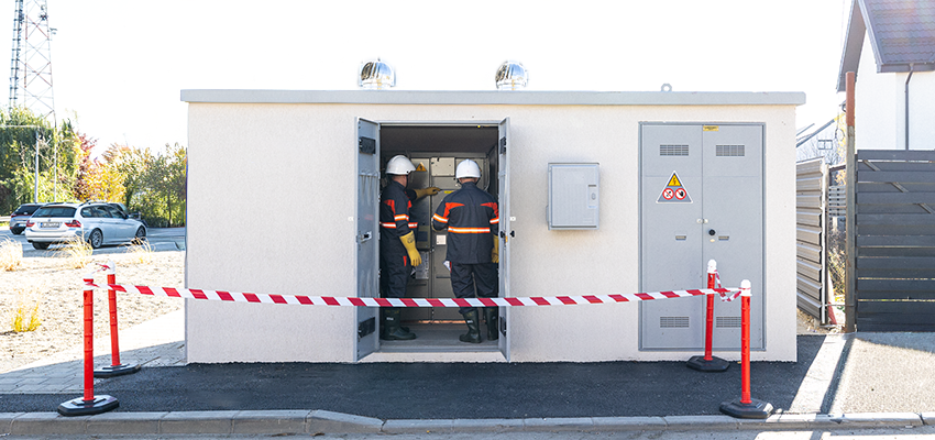 Two technicians in work gear enter a compact transformer station.