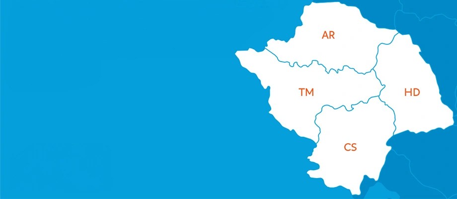 Harta regiunii vestice a Romaniei cu judetele Arad (AR), Timis (TM), Caras-Severin (CS) si Hunedoara (HD), parte din reteaua de distributie a energiei electrice prezentata pe reteleelectrice.ro