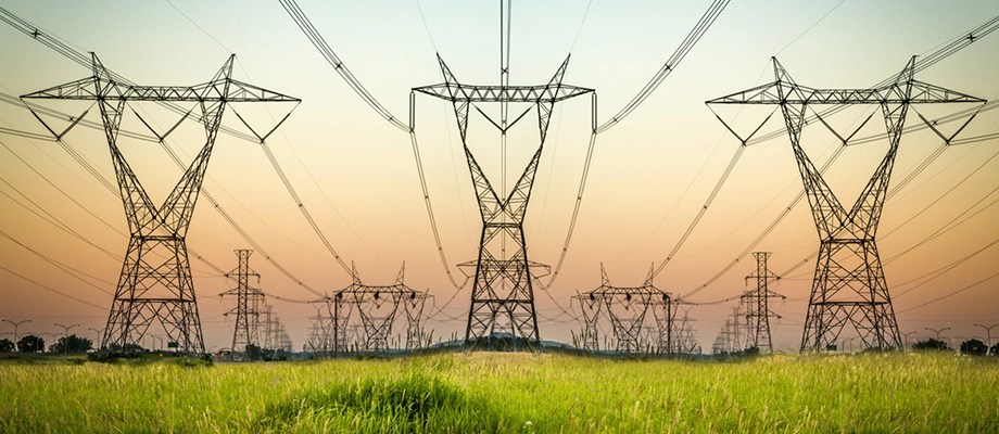 Stalpi de inalta tensiune transportand energie electrica printr-o zona verde, parte din reteaua nationala de distributie a electricitatii prezentata pe reteleelectrice.ro