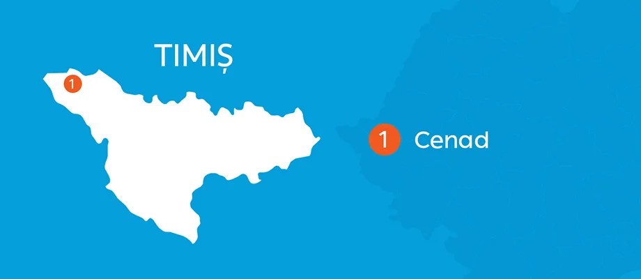 Harta judetului Timis cu localitatea Cenad marcata, parte din reteaua de distributie a energiei electrice prezentata pe reteleelectrice.ro.