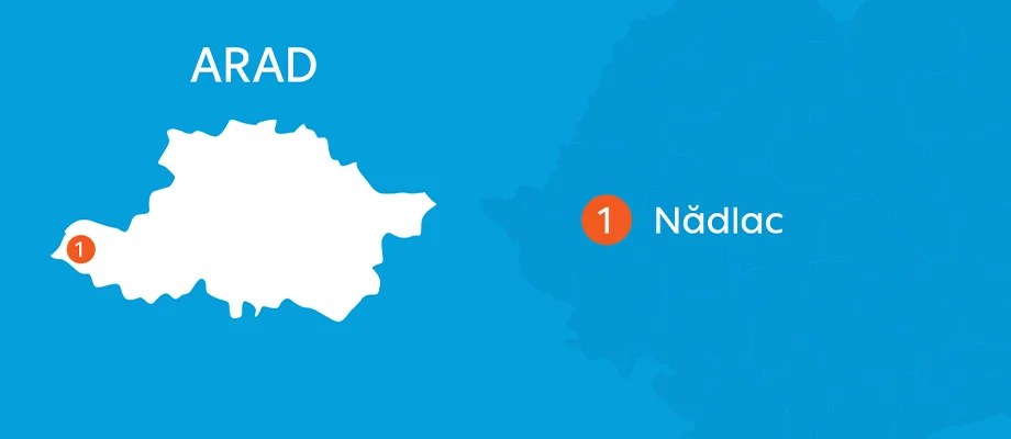Harta judetului Arad cu localitatea Nadlac marcata, parte din reteaua de distributie a energiei electrice pe reteleelectrice.ro