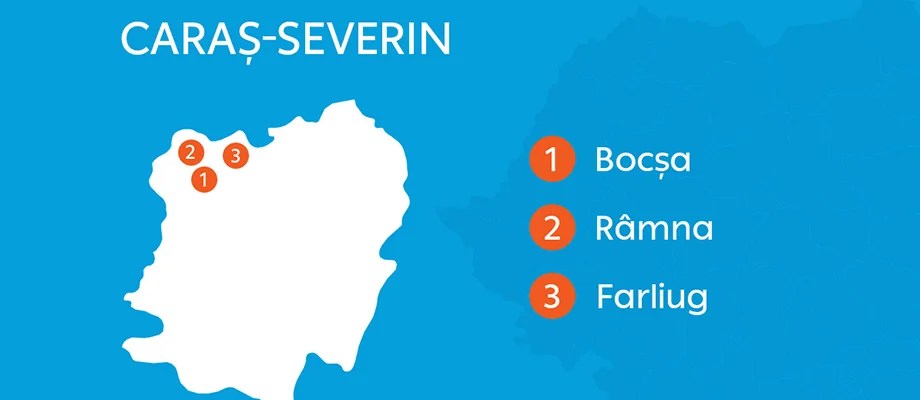 Harta judetului Caras-Severin cu localitatile Bocsa, Ramna si Farliug marcate, parte din reteaua de distributie a energiei electrice pe reteleelectrice.ro